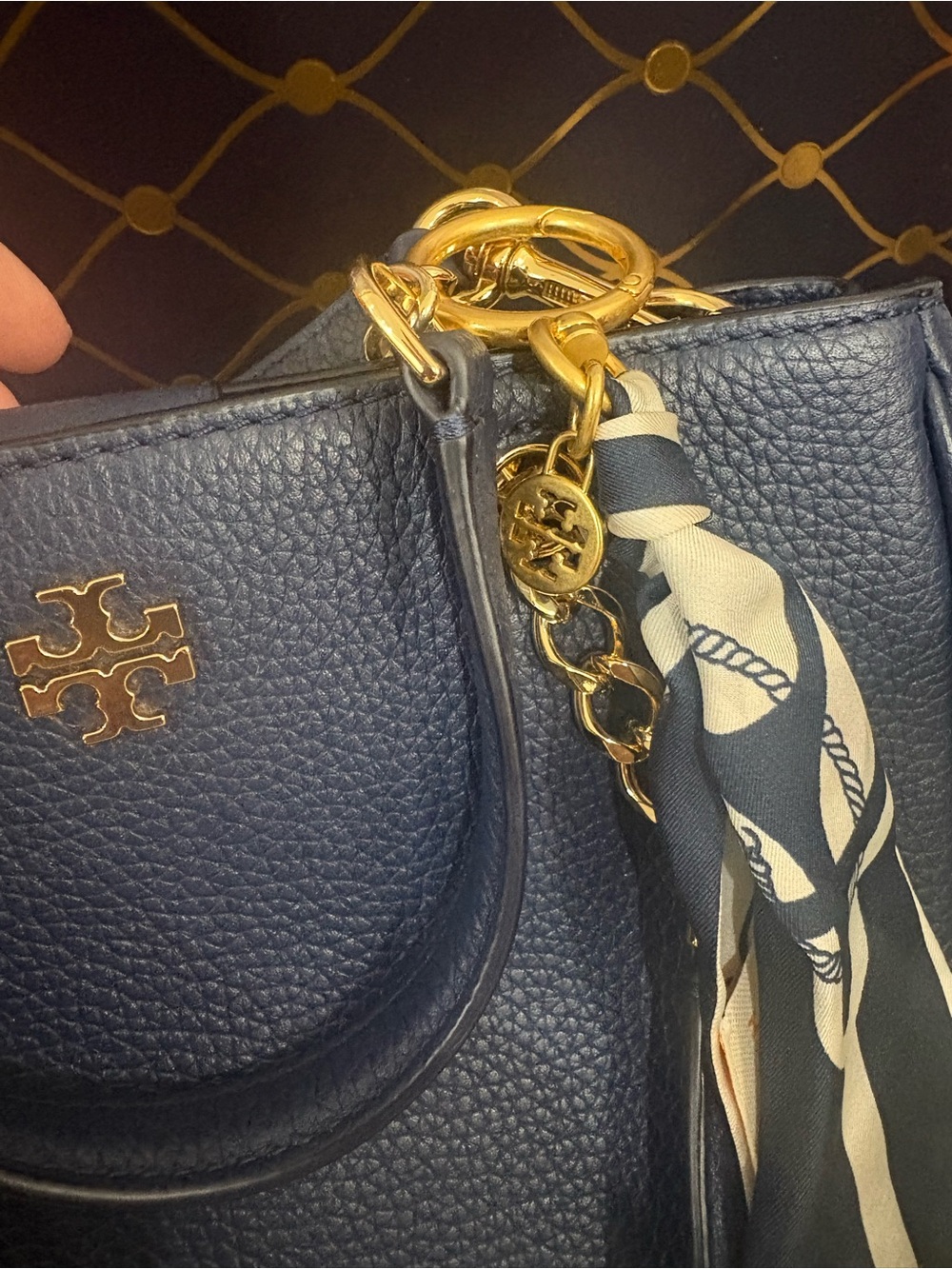Tory Burch Navy Pebbled Leather Tote with Gold Hardware and Scarf Accent